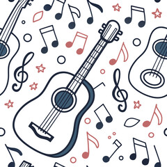 Seamless pattern featuring handdrawn guitars and music notes on a white backdrop, creating a playful and musical design perfect for backgrounds