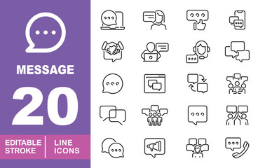 Message set of web icons in line style. Containing Like, Support, People, Chat, Laptop, Microphone and more. Editable stroke icons collection.
