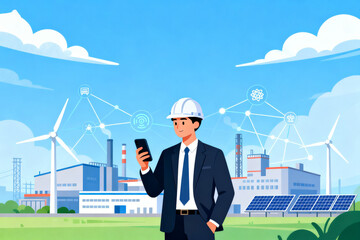 Engineer with smartphone in renewable energy setting