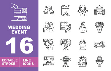 Wedding event set of web icons in line style. Containing Bells, Letter, VIP, People, Dress, Bouquet, Podium, Camera, Cake, Tripod, Tripod, Device and more. Editable stroke icons collection.