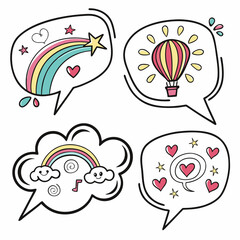 A collection of colorful speech bubbles featuring dreams of rainbows, hot air balloons, and hearts, creating a vibrant and imaginative set of graphic elements