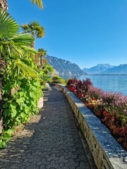 Vertical view of the Montreux promenade in Switzerland with a paved walkway lined with colorful flower beds along Lake Geneva on a sunny day.
