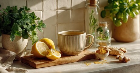 Invigorating Herbal Tea Still Life with Lemon, Ginger, Turmeric and Mint on Kitchen Counter