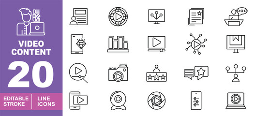 Video content set of web icons in line style. Containing Mobile, Diamond, Play, Webcam, Lens and more. Editable stroke icons collection.