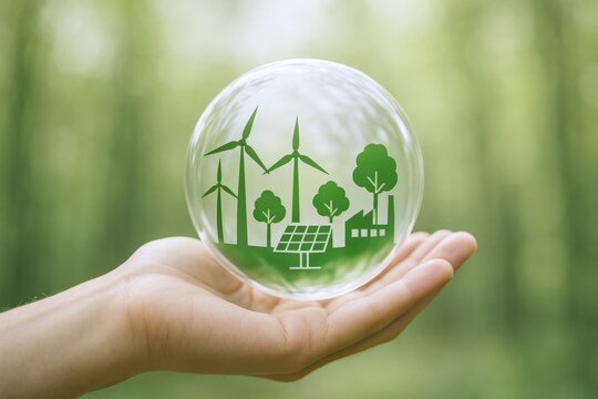 Green Energy Concept: Hand Holding a Globe with Wind Turbines and Solar Panels, Representing Sustainability - Powered by Adobe