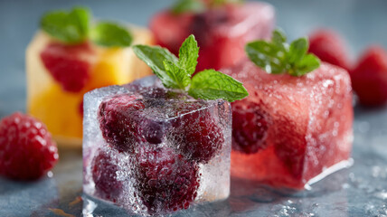 Colorful ice cubes with berries and mint for refreshing summer drinks.