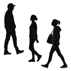 Silhouettes of three people walking a man in a cap, a woman in a jacket, and a girl with a ponytail are depicted in black against a white backdrop