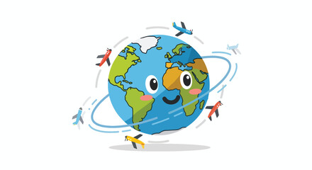 Obraz premium Cute cartoon Earth with airplanes flying around it.