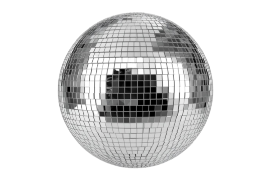 Silver disco mirror ball isolated on transparent cutout background, cut out, png