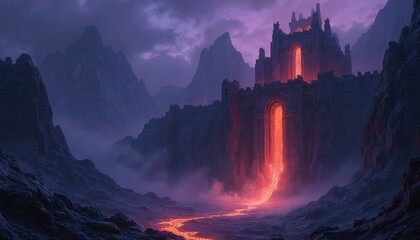 Mystical volcanic fortress at night with glowing red lava flow. Ancient castle ruin with arched doorway emits bright orange light. Dark mountains surround structure under purple cloudy sky. Fantasy