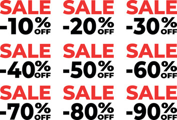 A set of vector discount stickers for printing and online stores. Flat design with discount percentages of 10, 20, 30, 40, 50, 60, 70, 80, and 90%. Sale tags, price signs, special offer symbols, and d