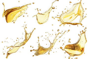 Golden liquid splashes and droplets frozen in motion against black background splatter