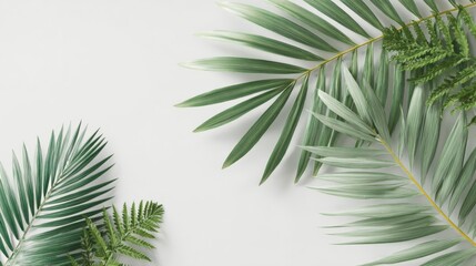 Obraz premium Minimalist composition featuring green foliage on a white background, ideal for product mockups and natural designs