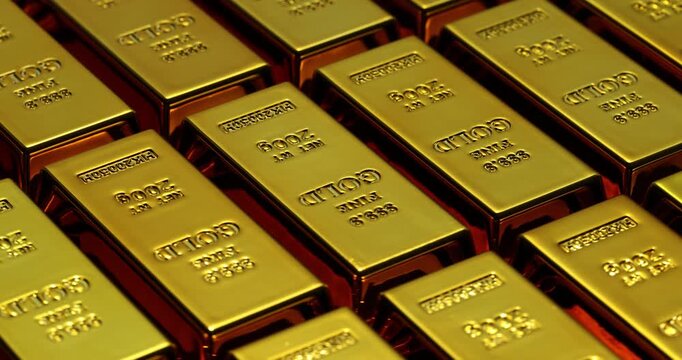 Gold ingots with markings reflect yellow glow creating atmosphere of wealth. Soft illumination enhances smooth texture of gold emphasizing richness
