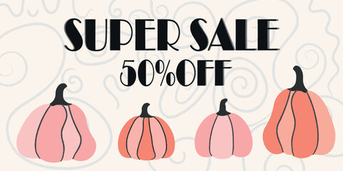 Sale flat cartoon pumpkins for halloween and fall, cute and simple illustrations, seasonal clipart for posters, prints, and design projects	
