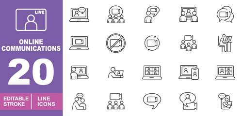 Online communication set of web icons in line style. Containing Laptop, Group, Camera, User and more. Editable stroke icons collection.
