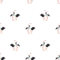 Seamless watercolor pattern of romantic stork couples. Hand-painted bird motif for wedding decor, fabric, wrapping paper, and nursery design with a natural and elegant touch.