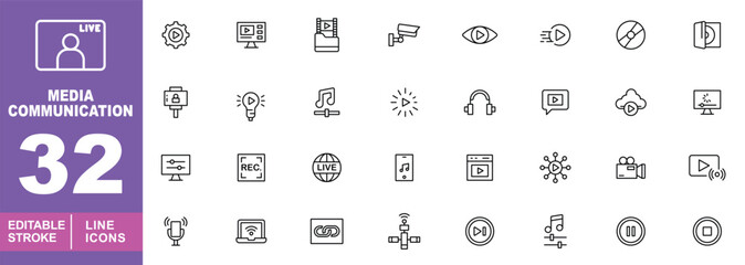 Media set of web icons in line style. Containing Gear, Computer, Camera, Eye, Cloud, Headphone, Tablet, Graph, Live, Play, CD, Globe, Mobile, Camera, Camera, Camera and more. Editable stroke icons