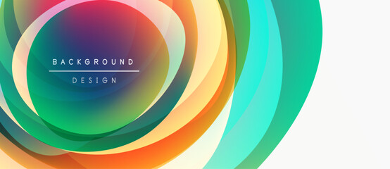 Abstract colorful layers create dynamic visual effect. Gradient hues blend, forming circular design with white space. Modern, vibrant composition.