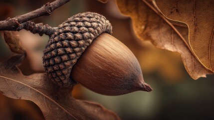 Acorn on Tree Branch Surrounded by Autumn Leaves and Warm Colors