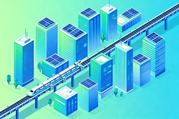 Futuristic city with solar panels and train