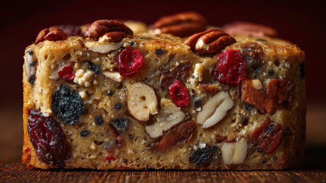 A Close-Up View of a Nut and Berry-Laden Fruitcake Showcasing Rich Textures and Vibrant Colors in an Artisan Desserts Presentation