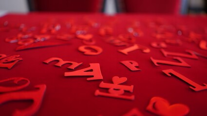 Scattered red alphabet letters on a red surface with shallow depth of field
