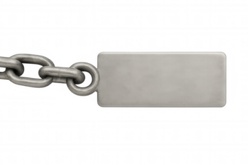 Metal chain with blank silver dog tag displaying customizable text space and transparent background