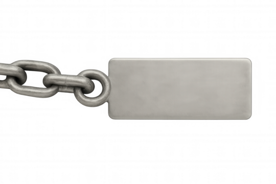 Metal chain with blank silver dog tag displaying customizable text space and transparent background