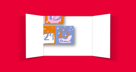 Christmas advent door opens with cute Christmas ornaments and numbers of December. On Christmas Day, doors swing open, revealing green screen for greetings. 4K video animation