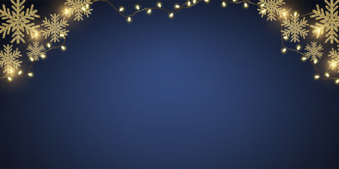 Blue gradient background with sparkling decorative gold snowflakes, and decorative lights create a warm holiday atmosphere