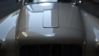 Close up of a shiny silver car hood with reflections