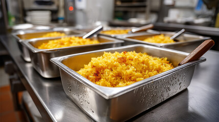 Trays of yellow rice in a commercial kitchen setting.