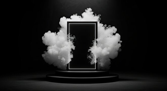 Mysterious glowing portal emerging from swirling clouds on a dark stage