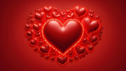 Glowing red heart made of many hearts surrounded by a ring of light