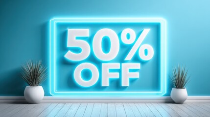 Neon 50% Off Promotion Sign: Discount Advertisement for Retail Sales, Special Offers, and Marketing Campaigns