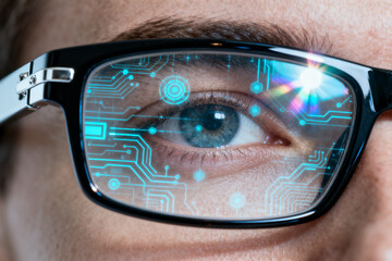 Eye with digital circuit overlay on glasses