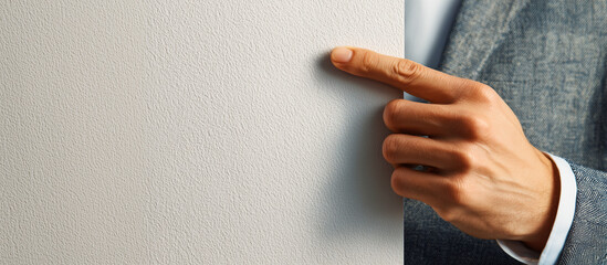 A man's hand in a business suit pointing with the index finger at a textured sheet of white paper - concept business horizontal poster with empty copy space. AI artwork digital illustration. 