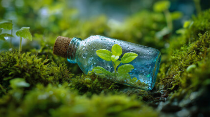 A young green sprout in a transparent bottle. Conceptual photography on the theme of ecology. Green grass poster. AI artwork. 