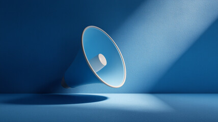 Blue loudspeaker against a blue wall - concept businss poster. Megaphone concept background. Advertising marketing promotion. Digital photo illustration.