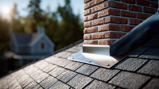 Chimney Stack and Asphalt Shingles on Residential Roof, Construction Detail, Exterior View, Sunny Day