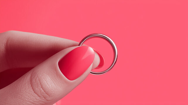 Women's fingers with brightly colored nails hold a ring - concept poster. Pink background. Digital photo illustration.  - Powered by Adobe