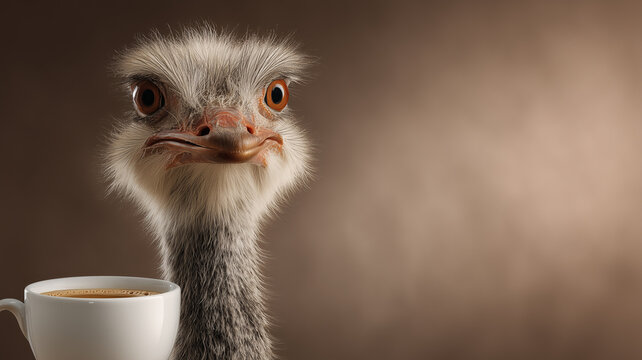 An ostrich head and a cup of coffee against a wall with empty space. A conceptual banner on the theme of morning, work, vitality, and focus.
