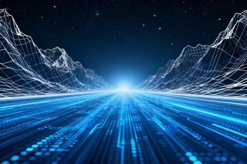 Digital wireframe mountains under starry sky