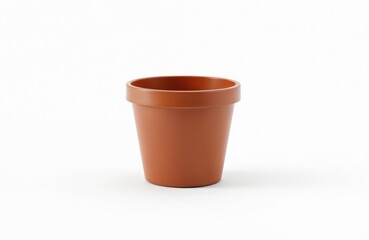 Simple photo of a brown empty plastic flower pot on a white background. Suitable for various design projects and gardening articles. Can be used for plant pot concepts.