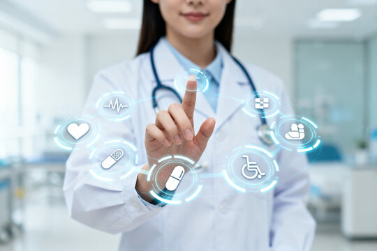 Doctor interacting with digital health icons - Powered by Adobe