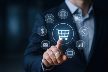 Fototapeta premium E-commerce Business Technology and Online Shopping Concept with Businessman Pointing at Digital Interface of Shopping Cart