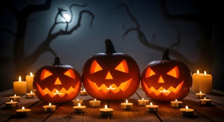 Fototapeta premium Three carved jack o lantern pumpkins glowing in dark night, banner template for Halloween spooky decoration party invitations and festive holiday promotions with copyspace.