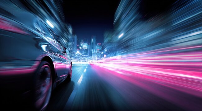 Motion blur abstract image showcasing a car speeding through an illuminated cityscape at night - Powered by Adobe