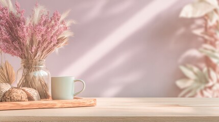 Bohemian styled workspace featuring a mug, dried flowers and wood, perfect for lifestyle and product mockups